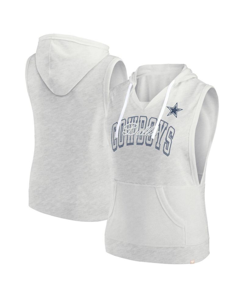 Women's Oatmeal Dallas Cowboys Lounge Script Sleeveless V-Neck Pullover Hoodie