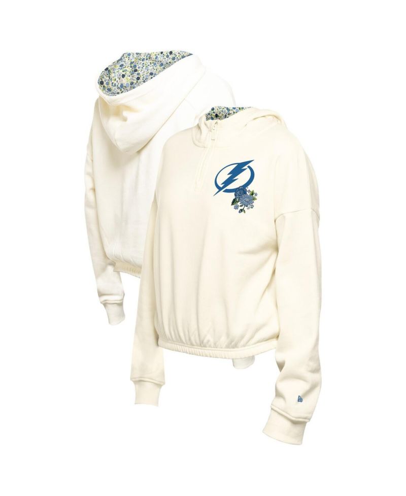 Women's Cream Tampa Bay Lightning Glam Game Quarter-Zip Cropped Floral Hoodie Pullover