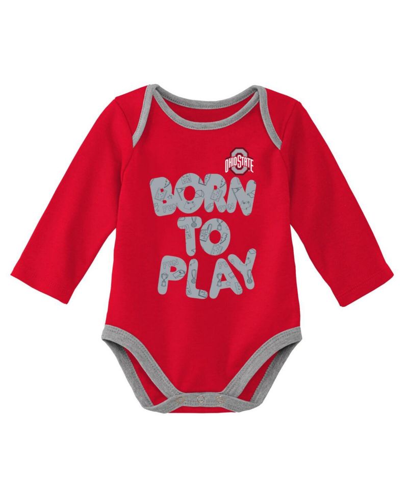 Newborn and Infant Boys and Girls Scarlet, Heather Gray Ohio State Buckeyes Born To Win Two-Pack Long Sleeve Bodysuit Set