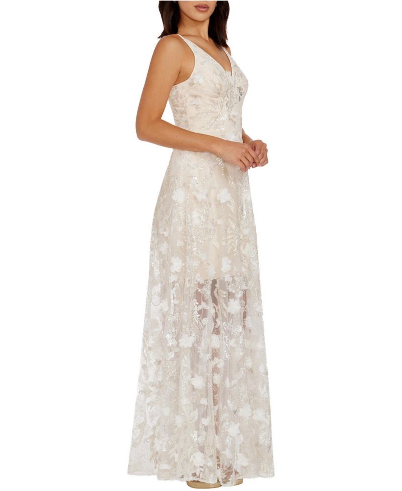 Women's Sidney 3D Floral Embroidery and Sequin V-Neck Floor-Length Gown