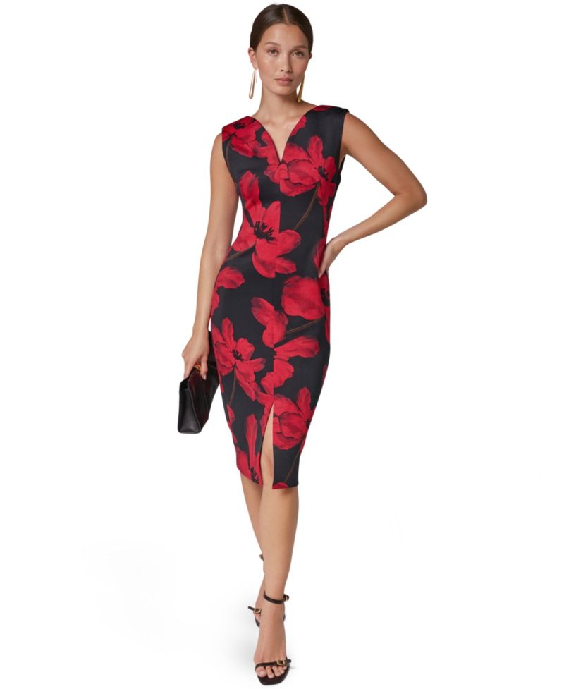 Women's Floral-Print V-Neck Sleeveless Sheath Midi Dress