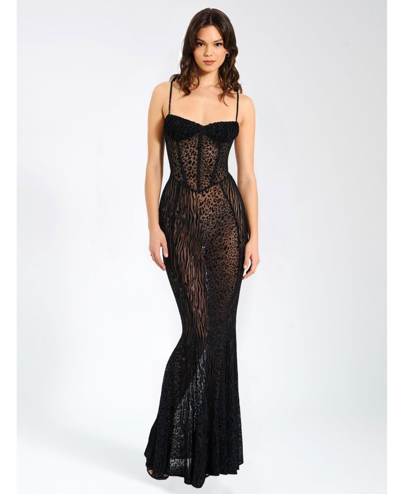 Women's Ulani Black Burnout Velvet Detail Mesh Maxi Dress