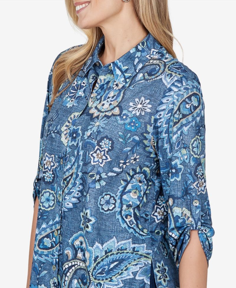 Petite Paisley 3/4-Sleeve Roll-Tab Top