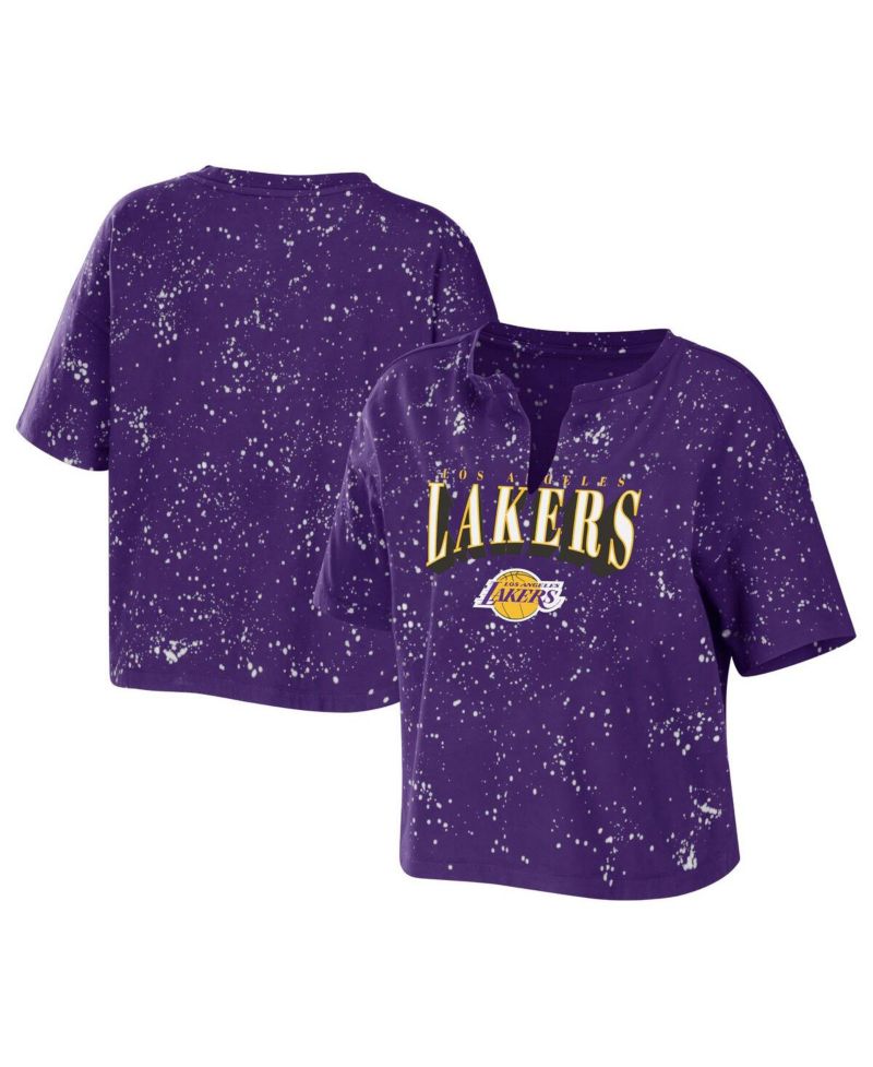 Women's Purple Los Angeles Lakers Bleach Splatter Notch Neck T-shirt