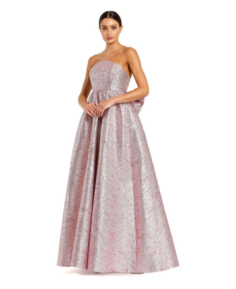 Women's Metallic Strapless Brocade Gown With Oversized Bow