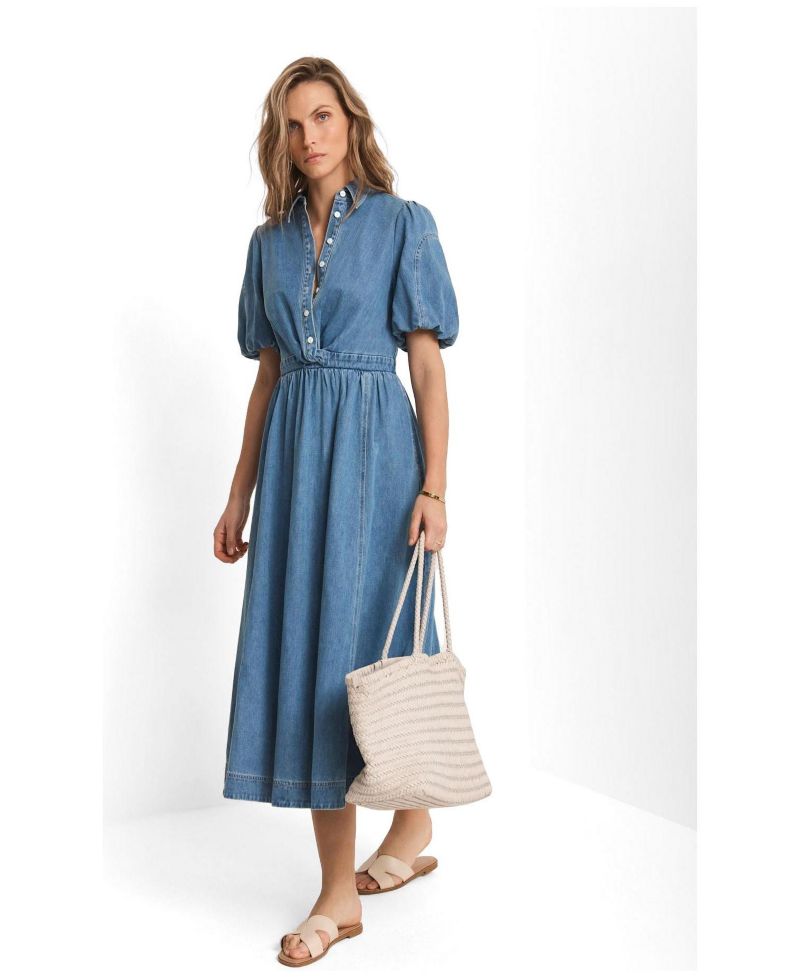 Women's Twist Puff-Shoulder Cotton-Blend Denim Midi Dress