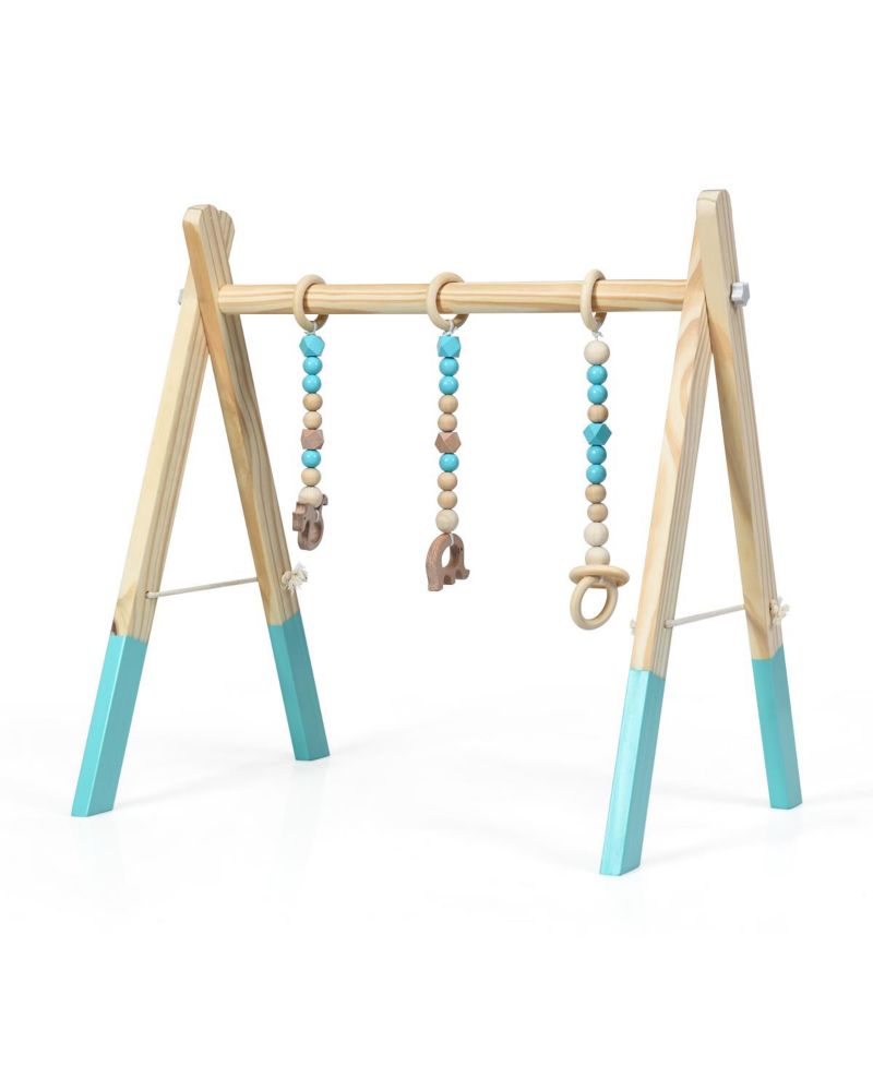 Toddler Wooden Gym with 3 Wooden Teething Toys Hanging Bar