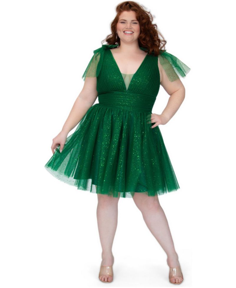 Women's Sparkle Tulle Shamrock Green Cocktail Party Dress with Detachable Bows