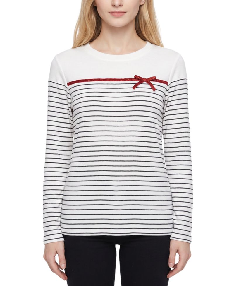 Petite Long-Sleeve Crewneck Metallic Ribbon Bow T-Shirt