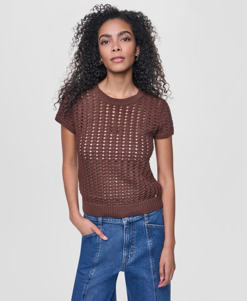 Women's Short-Sleeve Airy Chunky Pointelle Crewneck Sweater