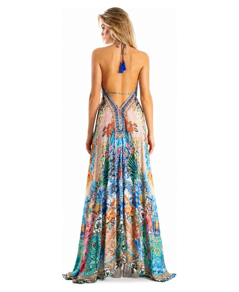 Women's Patchwork Floral and Geo Halter Plunge Maxi Dress
