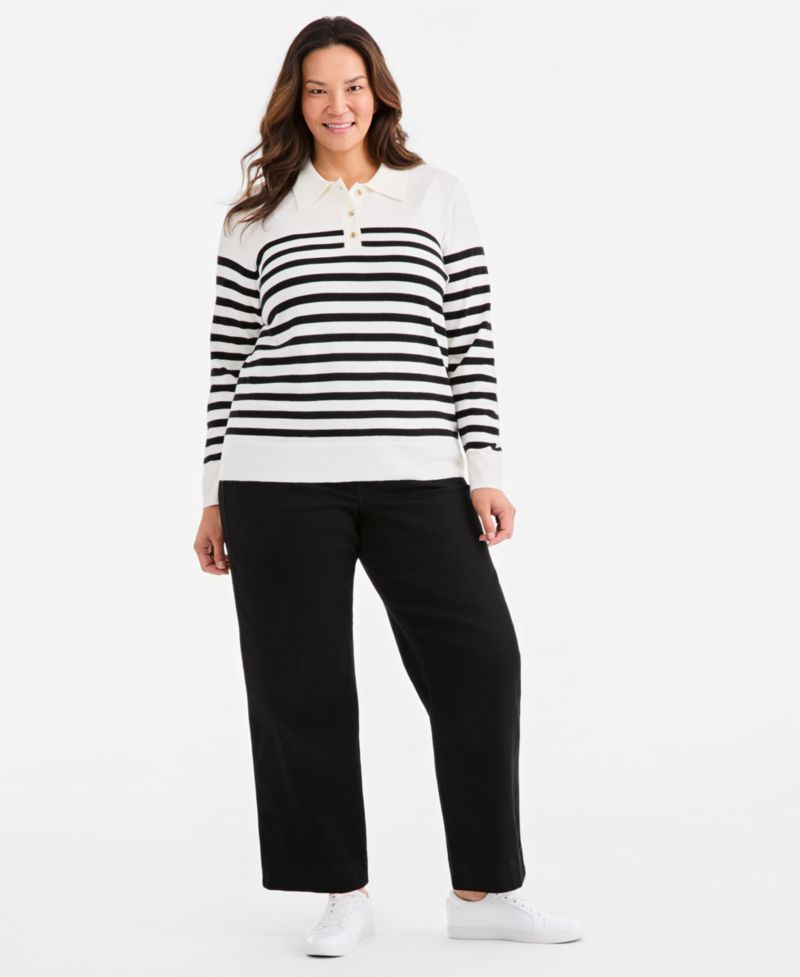 Plus Size Striped Long-Sleeve Polo Sweater