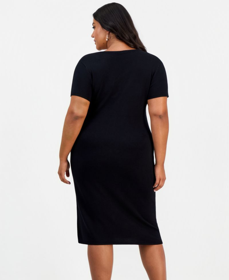 Plus Size Square Neck Short-Sleeve Hardware-Detail Midi Dress