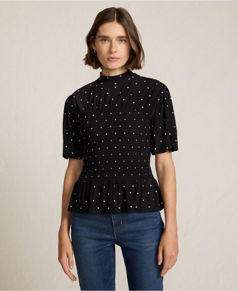 Women's Bubble Sleeve Silky Knit Smocked Mock Neck Top