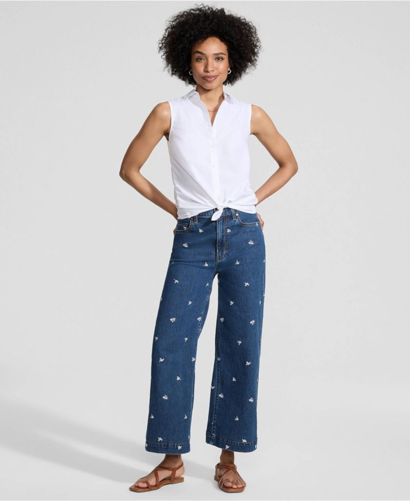 Petite Soft Denim High Rise Embroidered Wide Leg Crop Jeans