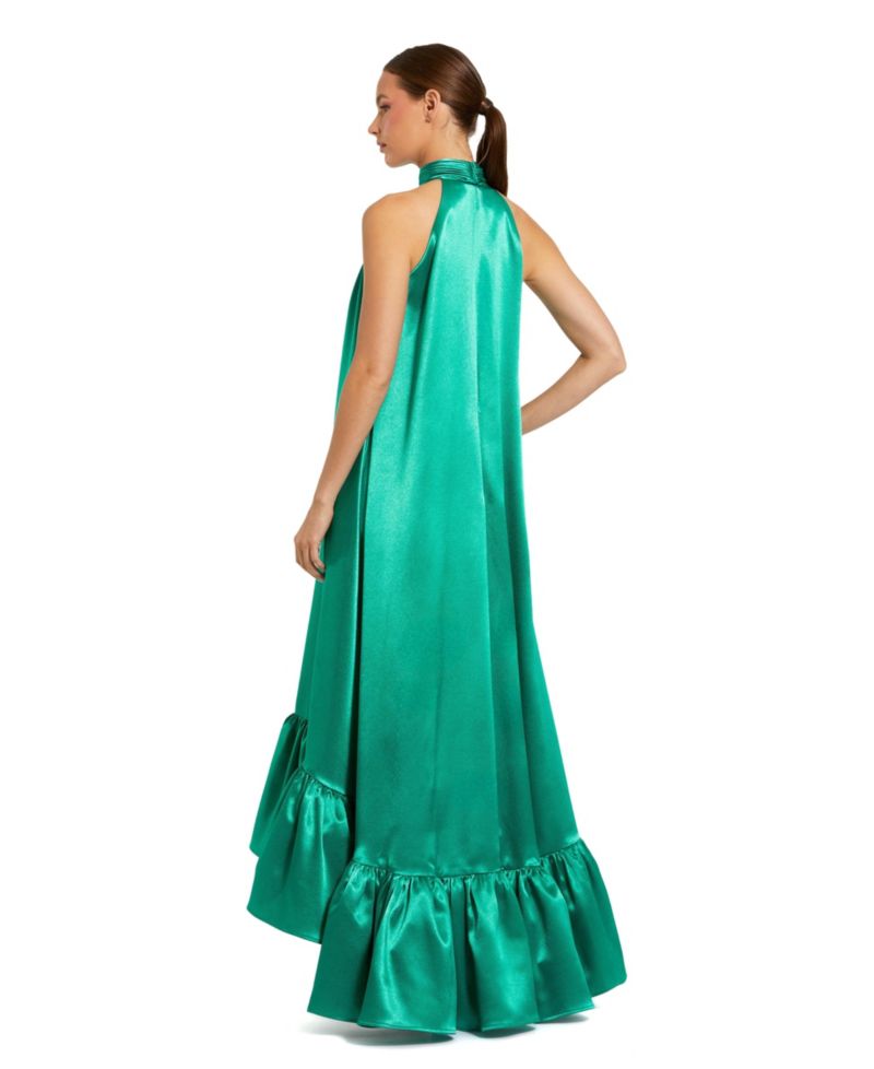 Women's Sleeveless Halter Neck Satin High-Low Gown