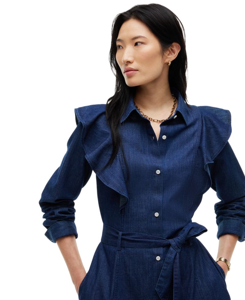 Women's Denim Volant Polo Collar Dress