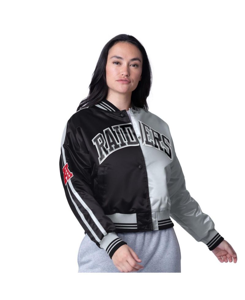 Women's Black/Silver Las Vegas Raiders Zone Blitz Cropped Full-Snap Satin Jacket