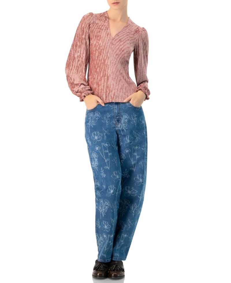 Women's Pleated Velvet V-Neck Blouse