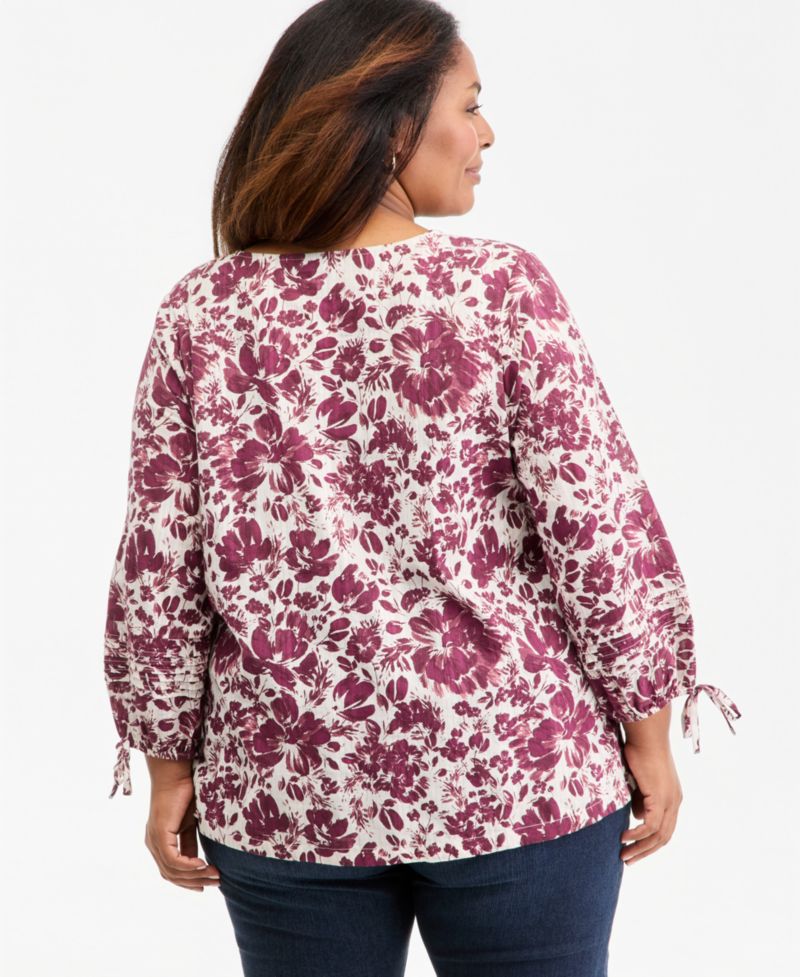 Plus Size Printed 3/4 Sleeve Lurex Top