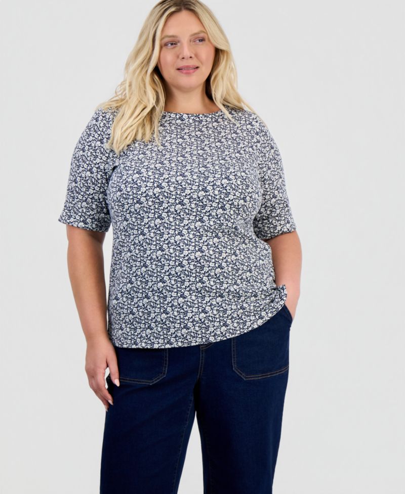 Petite Printed Boat-Neck Elbow Sleeve Top