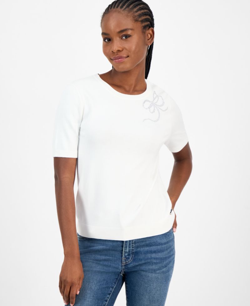 Women's Rhinestone-Bow Short-Sleeve Sweater