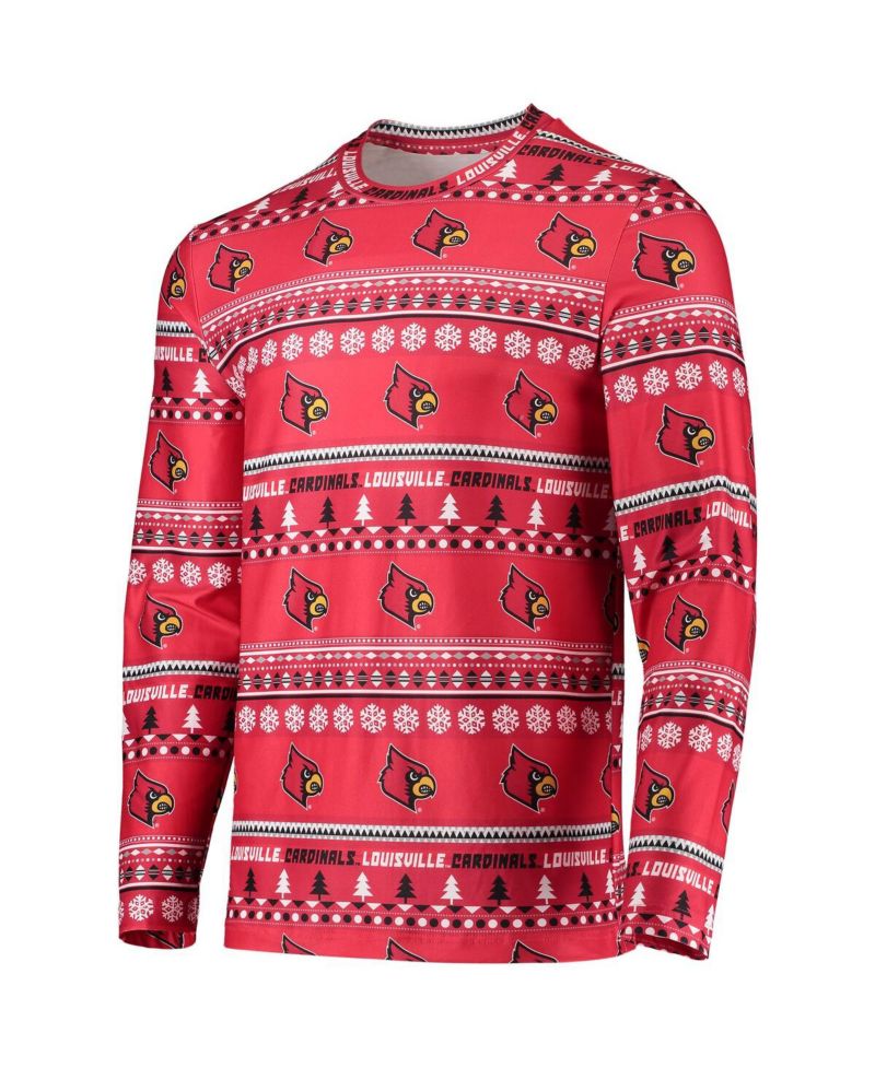 Men's Red Louisville Cardinals Ugly Sweater Long Sleeve T-shirt and Pants Sleep Set