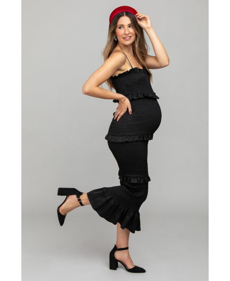 Women's Blue Satin Smocked Fitted Maxi Dress