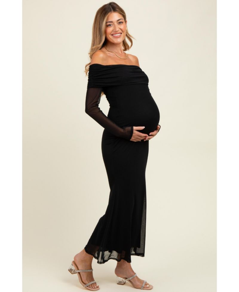 Women's Black Mesh Overlay Off Shoulder Long Sleeve Midi Dress
