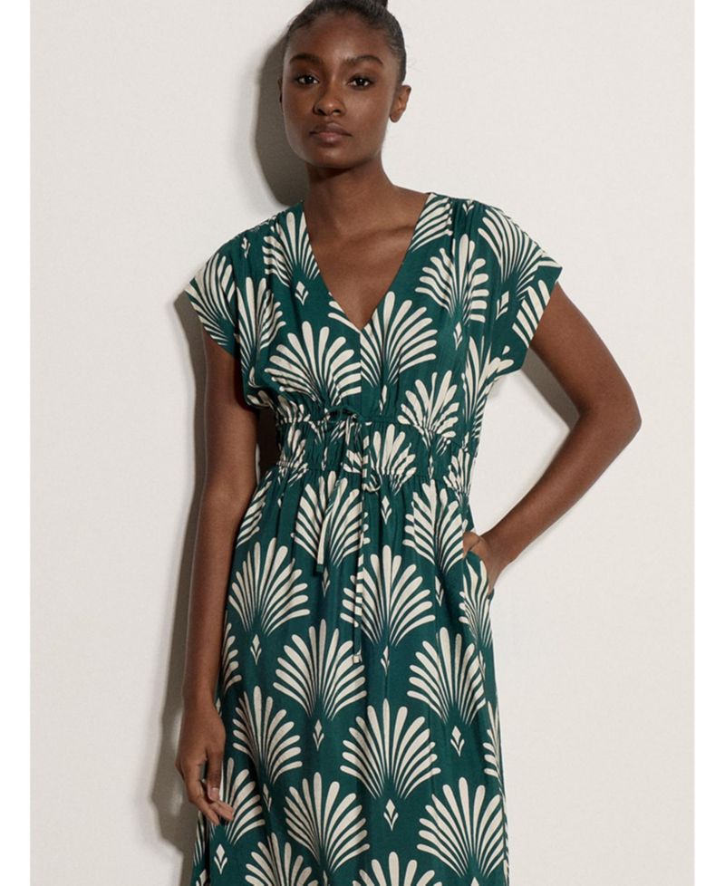 Women's Smocked V-Neck Midi Dress with Pockets