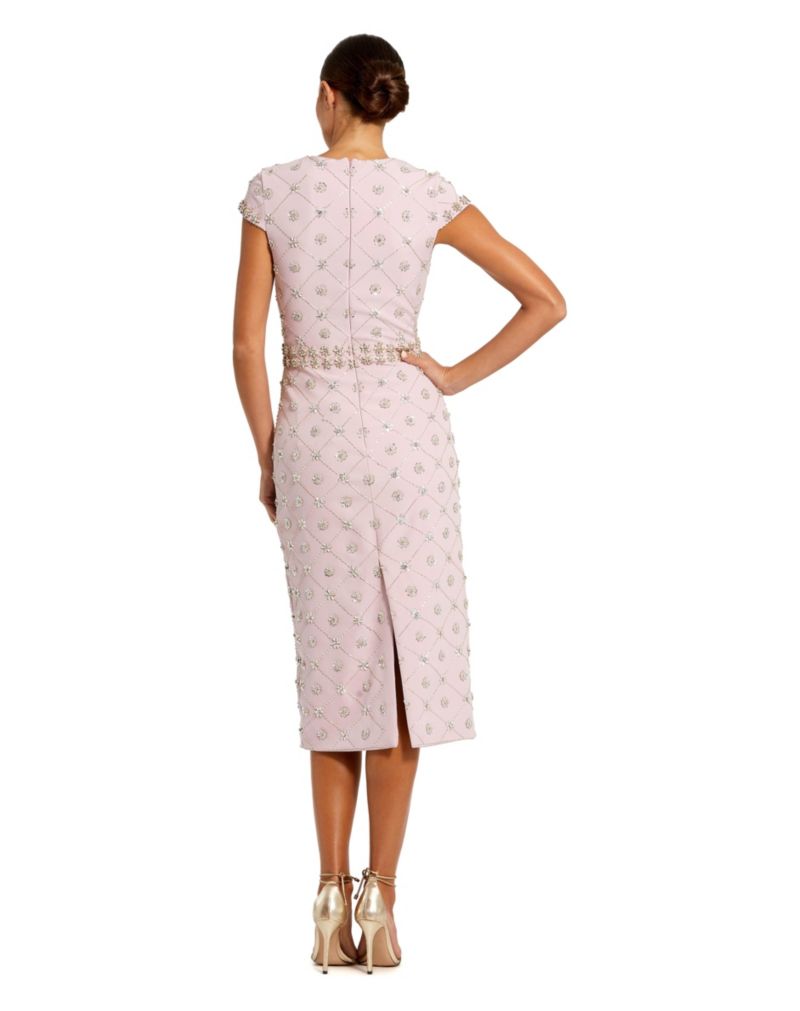 Women's Hand Embellished High Neck Cap Sleeve Midi Dress