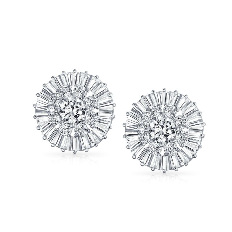 Fancy Cocktail Round CZ Baguette Clip On Earrings Non Pierced Silver Plated
