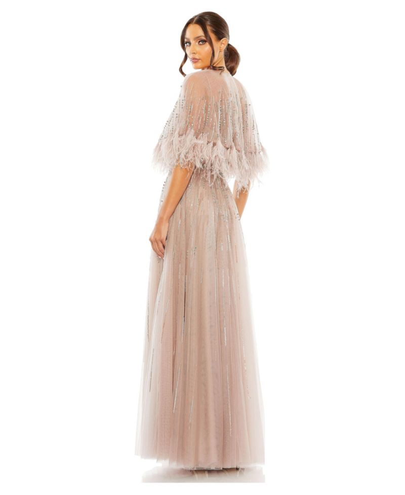 Women's Embellished A Line Dress with Feather Detail Cape