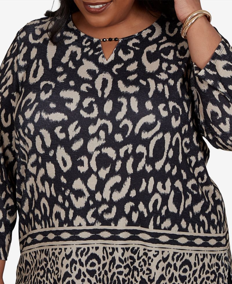 Plus Size Travel Advisory Animal-Print 3/4-Sleeve Split-Neck Top