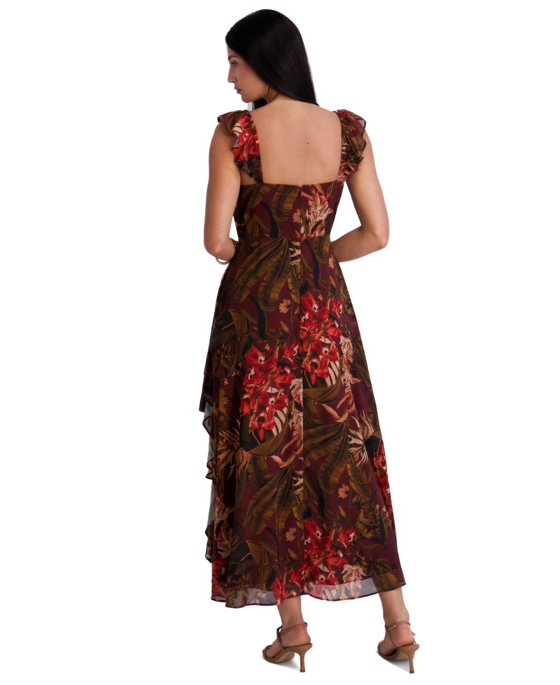 Women's Textured Woven Floral Ruffle Midi Dress