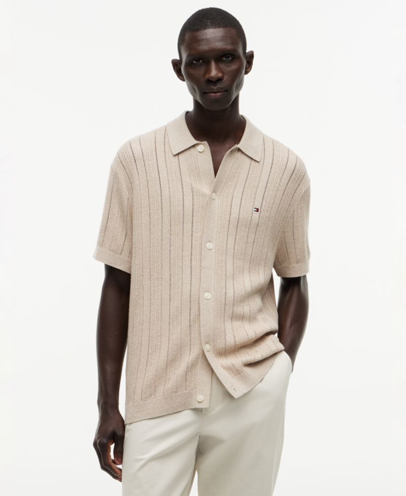 Men's Pointelle Structure Short-Sleeve Coat Front Sweater
