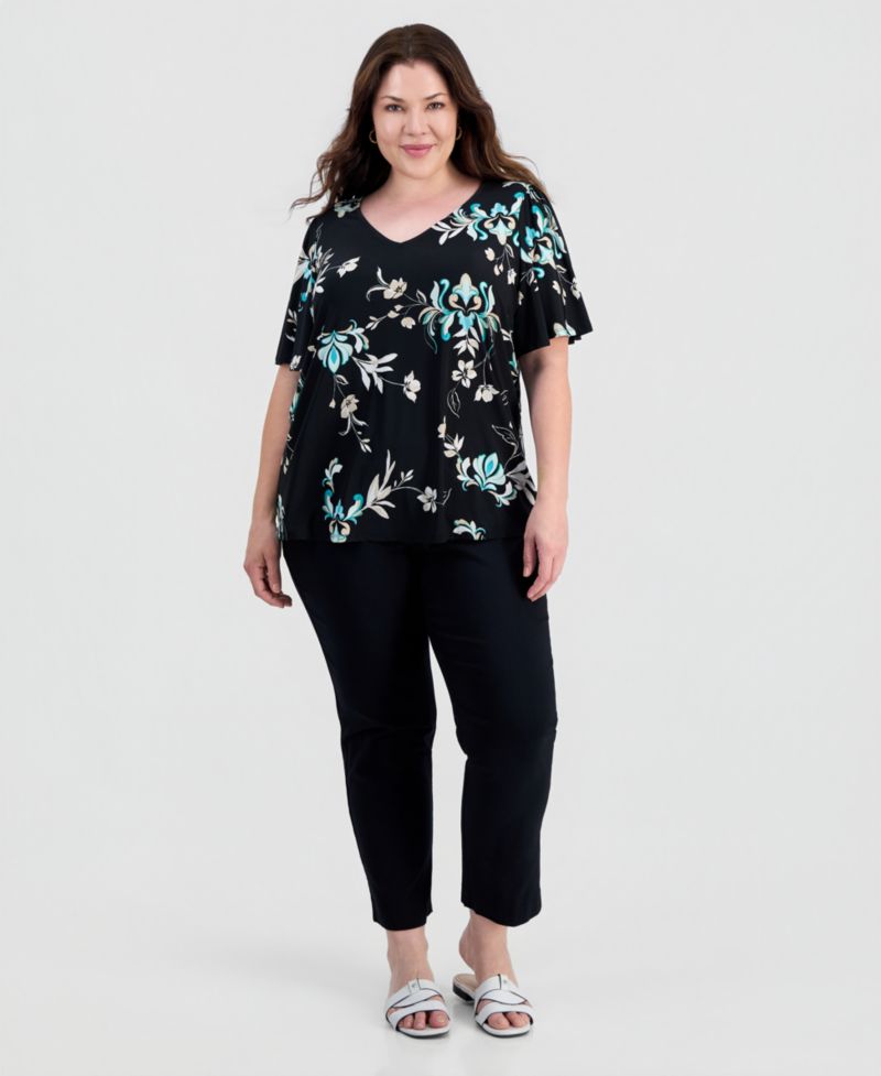 Plus Size Tossed Floral V-Neck Flutter-Sleeve Top