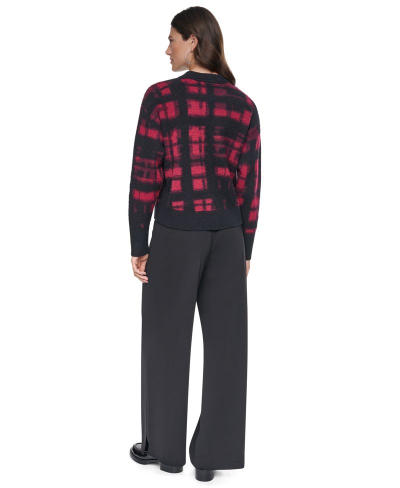Women's Brushed-Plaid Long-Sleeve Crewneck Pullover Sweater