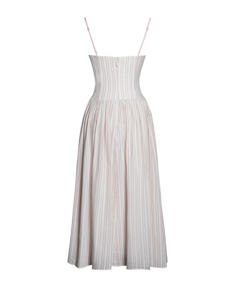 Women's Zania Pink Stripe Ruched Breast Cotton Jacquard Midi Dress