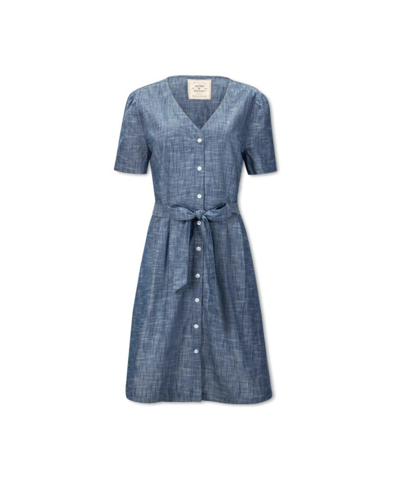Women's Hope and Henry Short Sleeve Button Front Chambray Dress with Waist Sash