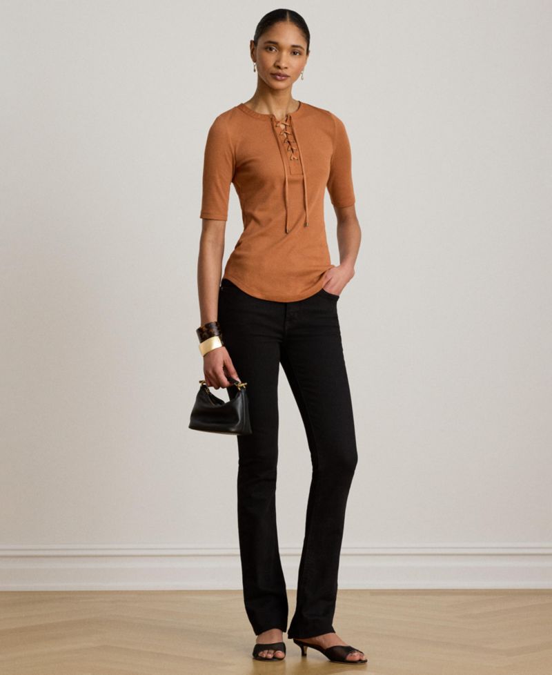 Women's Crewneck Lace-Up Ribbed Elbow-Sleeve T-Shirt