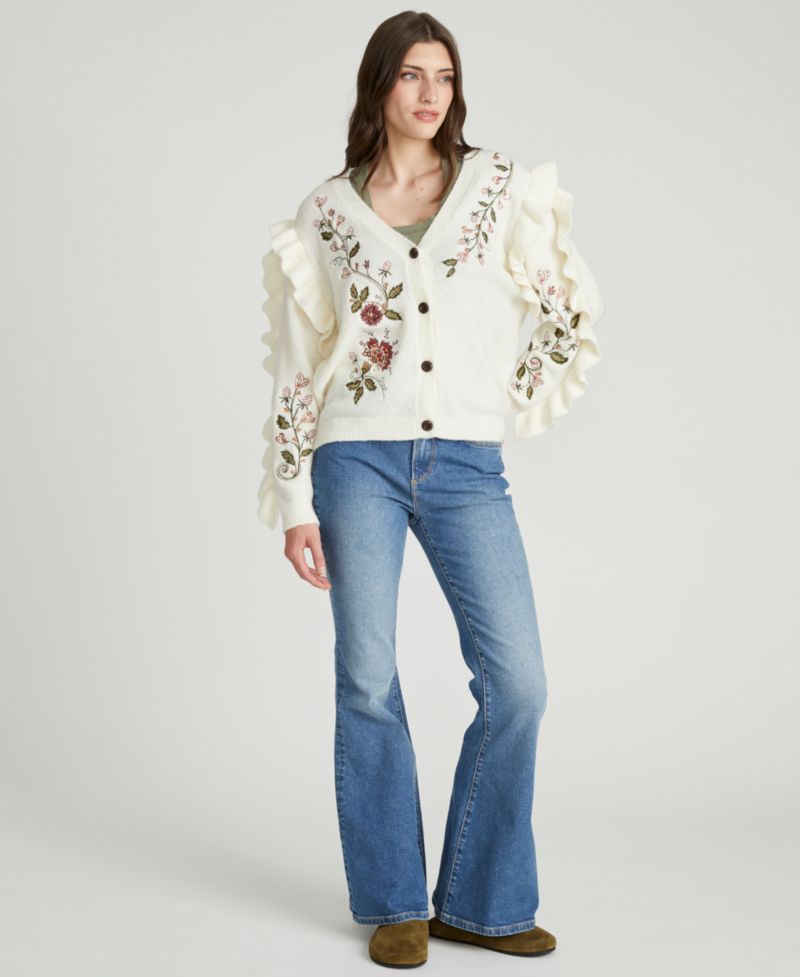 Women's Floral-Embroidered V-Neck Rosevine Ruffle Cardigan