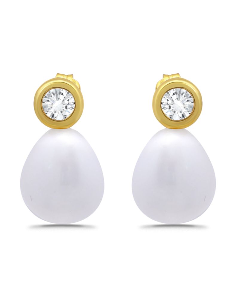 Teardrop Freshwater Cultured Pearl Cubic Zirconia Bezel Set Post Earrings