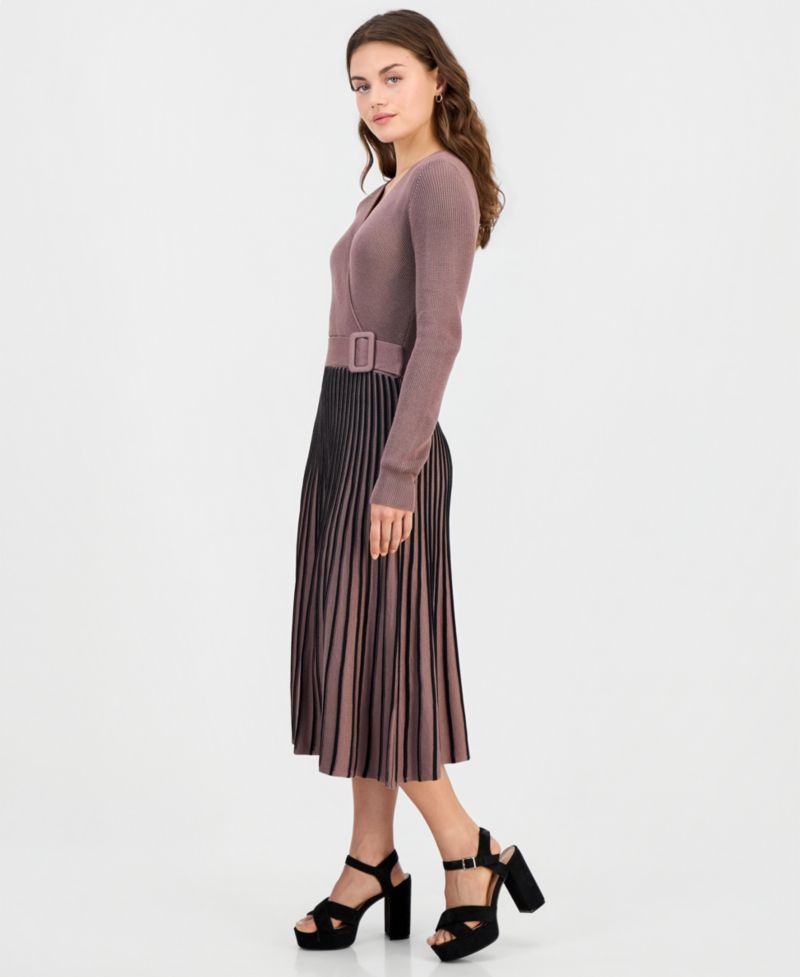 Petite Two-Tone Belted Sweater Dress