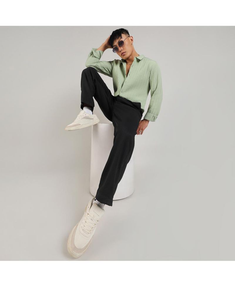 Men's Pistachio Green Self-Design Striped Shirt