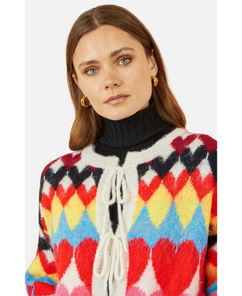 Women's Tie Front Heart Intarsia Cardigan