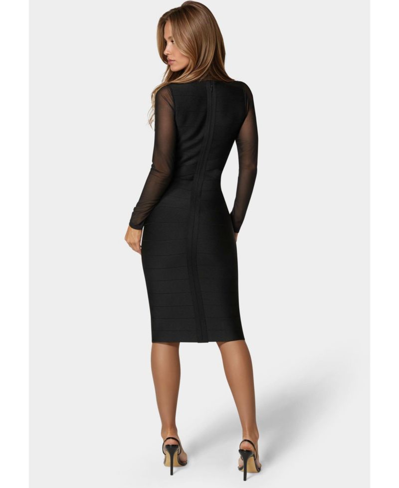 Women's V-Neck Bandage Dress with Illusion Sleeve