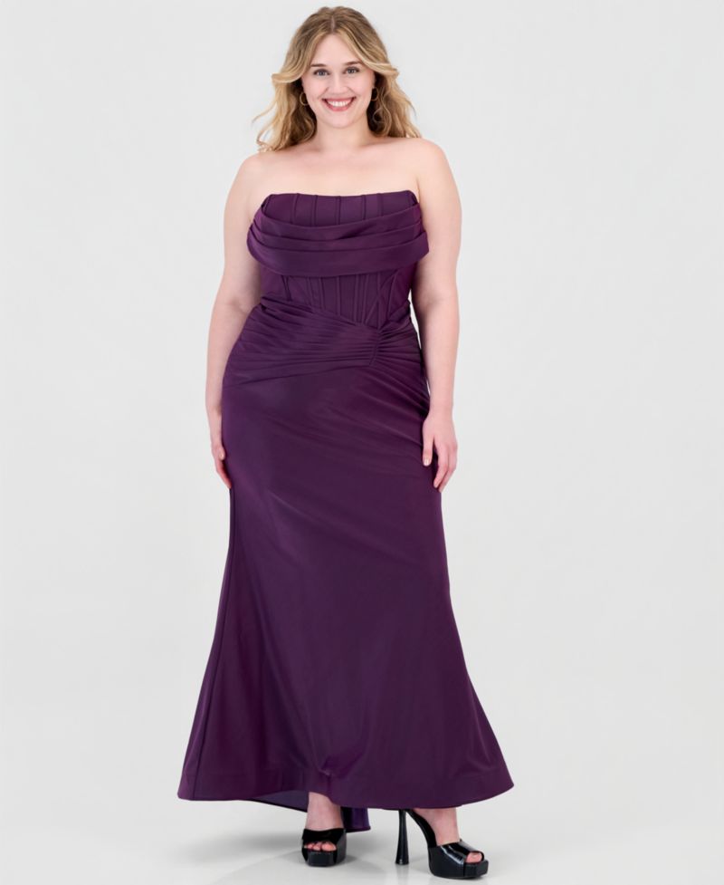 Plus Size Strapless Front-Drape Gown