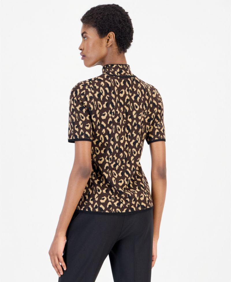 Petite Animal-Print Mock-Neck Short-Sleeve Sweater