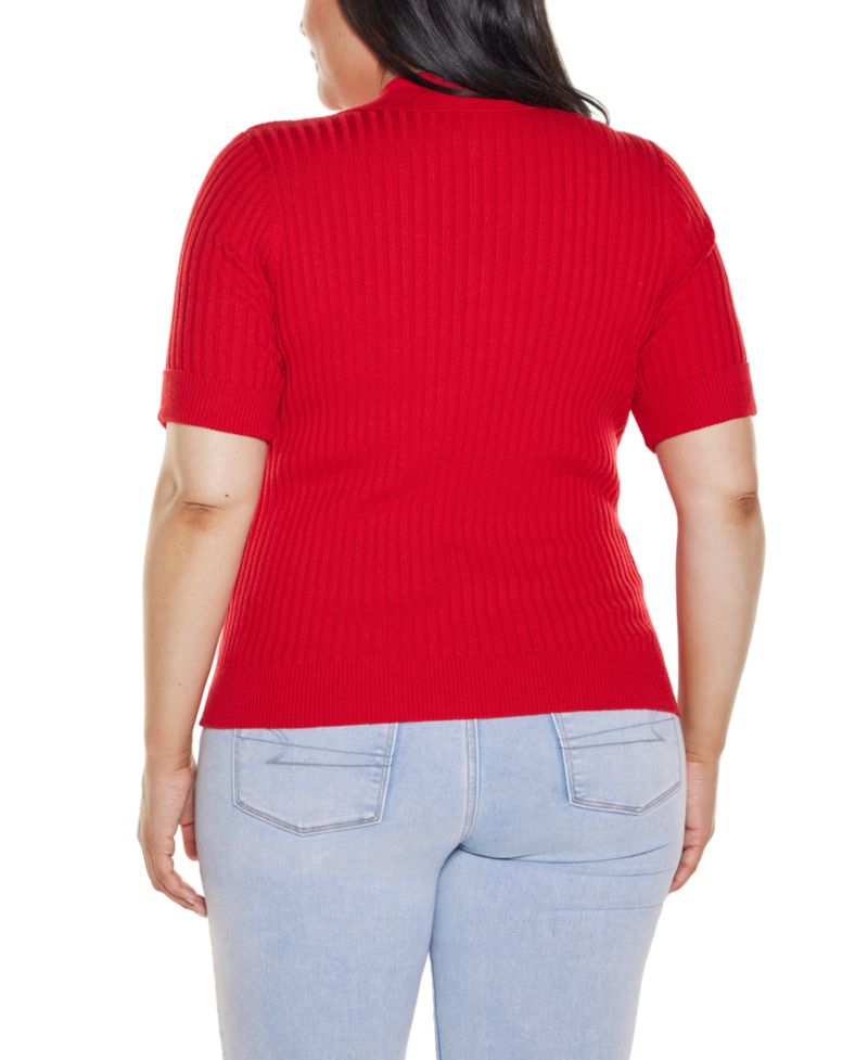 Plus Size Collared Quarter-Zip Ribbed-Knit Sweater
